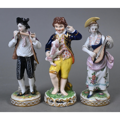 463 - Four German 'Monkey Band' figures, crossed swords marks, 13 cm high, to/w a pair of German figures o... 