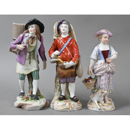 466 - A 19th century German small figure of a shepherdess (cancelled Meissen mark) 13 cm, to/w two Volkste... 