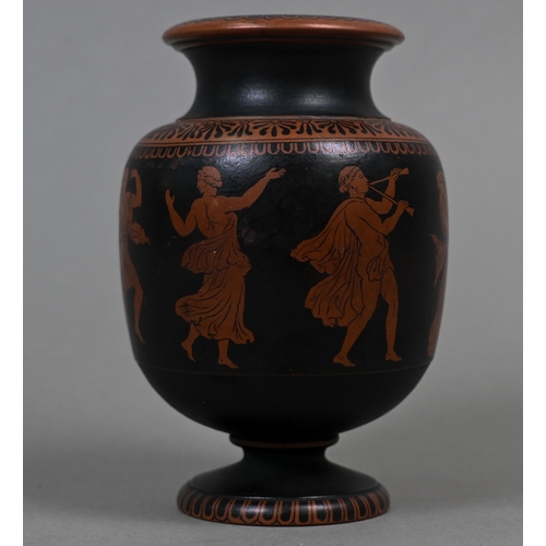 470 - A 19th century Wedgwood encaustic vase, with frieze of classical revellers, 11.5 cm high