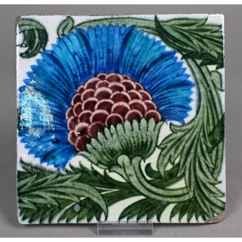 472 - A William De Morgan (Fulham period) tile with floral and foliate design in blue, brown and green, 15... 