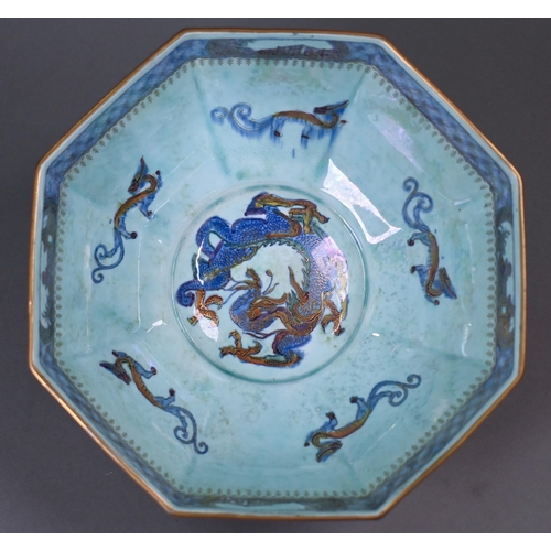 474 - A Wedgwood lustre octagonal bowl, painted and gilded with dragons and flaming pearls on a mottled bl... 