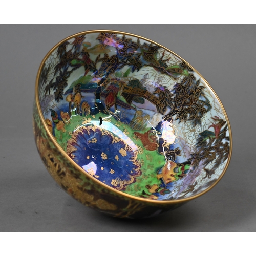 475 - A Daisy Makeig-Jones for Wedgwood Fairyland lustre bowl with painted and gilded landscape to the out... 