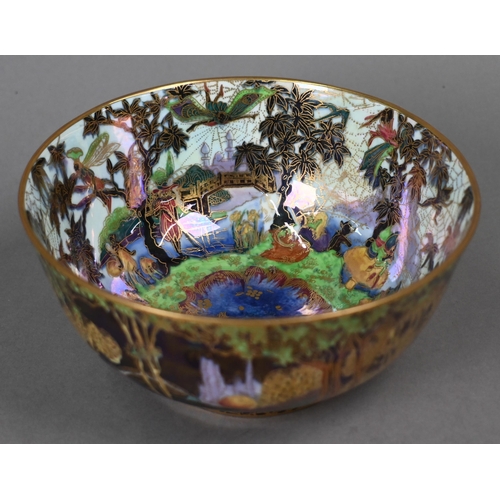 475 - A Daisy Makeig-Jones for Wedgwood Fairyland lustre bowl with painted and gilded landscape to the out... 