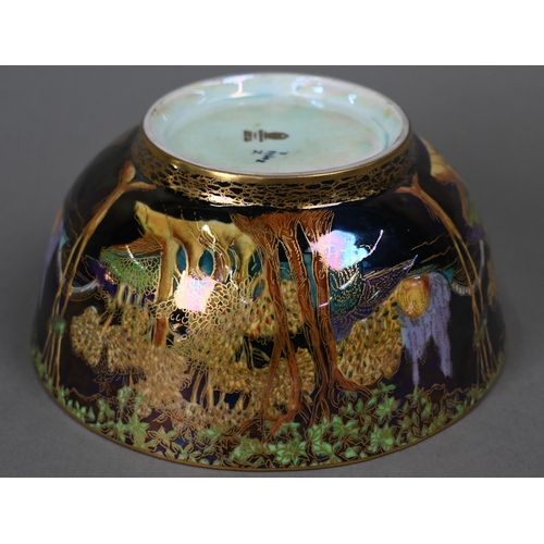 475 - A Daisy Makeig-Jones for Wedgwood Fairyland lustre bowl with painted and gilded landscape to the out... 