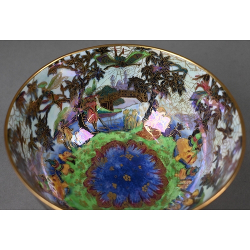 475 - A Daisy Makeig-Jones for Wedgwood Fairyland lustre bowl with painted and gilded landscape to the out... 