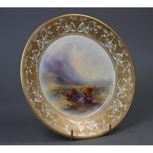 478 - A Royal Worcester cabinet plate paiinted wit Highland cattle by Harry Stinton, signed, within ornate... 