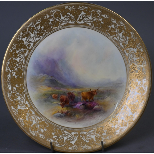 478 - A Royal Worcester cabinet plate paiinted wit Highland cattle by Harry Stinton, signed, within ornate... 