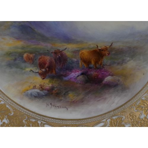 478 - A Royal Worcester cabinet plate paiinted wit Highland cattle by Harry Stinton, signed, within ornate... 