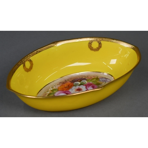 482 - A Royal Worcester oval bowl, painted with flowers by Edward Phillips, signed, on yellow ground, the ... 