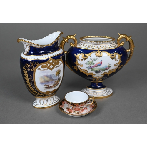 484 - Two small Royal Crown Derby blue and gilt vases, one (with twin scroll handles) painted with exotic ... 