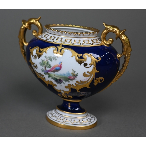 484 - Two small Royal Crown Derby blue and gilt vases, one (with twin scroll handles) painted with exotic ... 