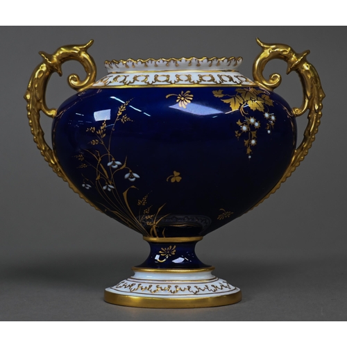 484 - Two small Royal Crown Derby blue and gilt vases, one (with twin scroll handles) painted with exotic ... 