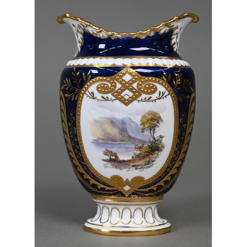 484 - Two small Royal Crown Derby blue and gilt vases, one (with twin scroll handles) painted with exotic ... 