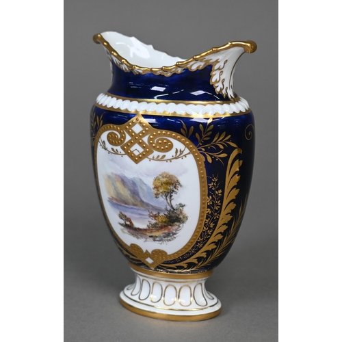 484 - Two small Royal Crown Derby blue and gilt vases, one (with twin scroll handles) painted with exotic ... 