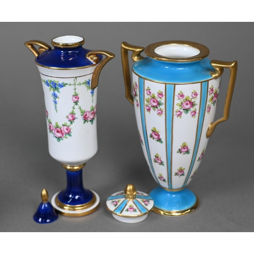 485 - A late Victorian Minton small twin-handled vase and cover with pale blue ground and floral-painted p... 