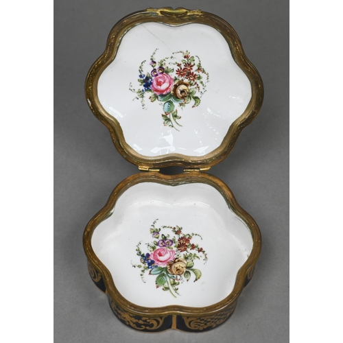 486 - A 19th century French porcelain box of lobed form with gilt brass hinges, the cover painted with int... 