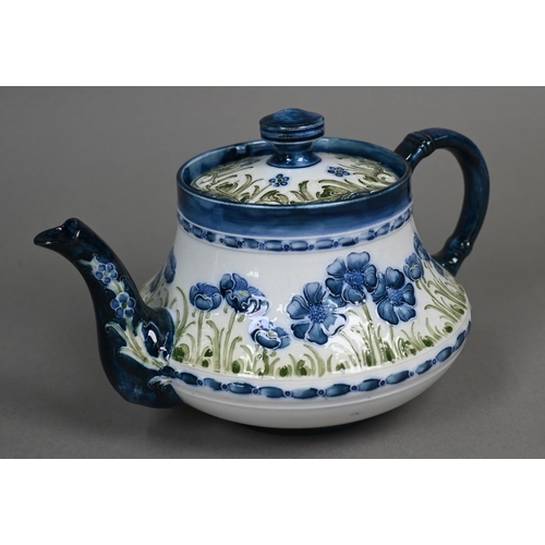 490 - A McIntyre Florian-design teapot with floral and foliate designs in blue and green colourway, 13 cm ... 