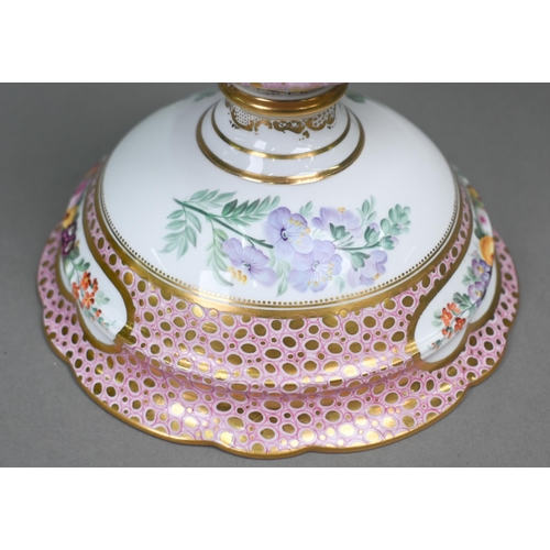 492 - A Victorian Staffordshire china stemmed sauce tureen, cover and stand, finely painted with individua... 