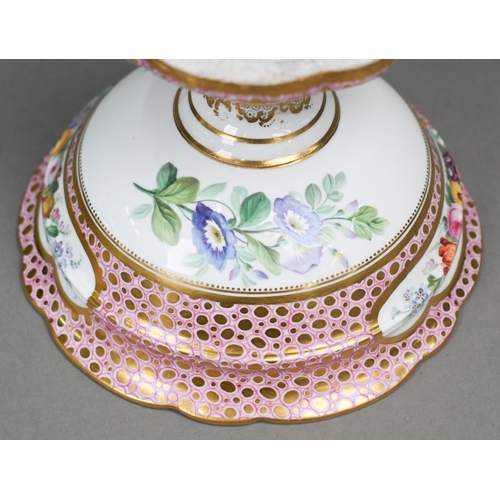 492 - A Victorian Staffordshire china stemmed sauce tureen, cover and stand, finely painted with individua... 