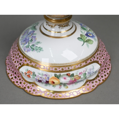 492 - A Victorian Staffordshire china stemmed sauce tureen, cover and stand, finely painted with individua... 