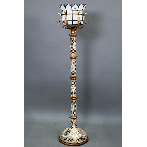 496 - A vintage continental (possibly Mettlach) gilt metal floor-lamp, 140 cm, with later marbled glass an... 