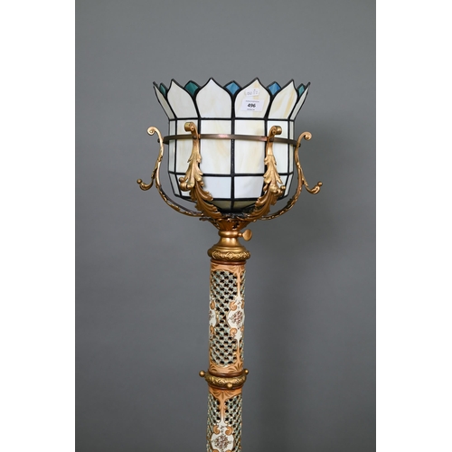 496 - A vintage continental (possibly Mettlach) gilt metal floor-lamp, 140 cm, with later marbled glass an... 