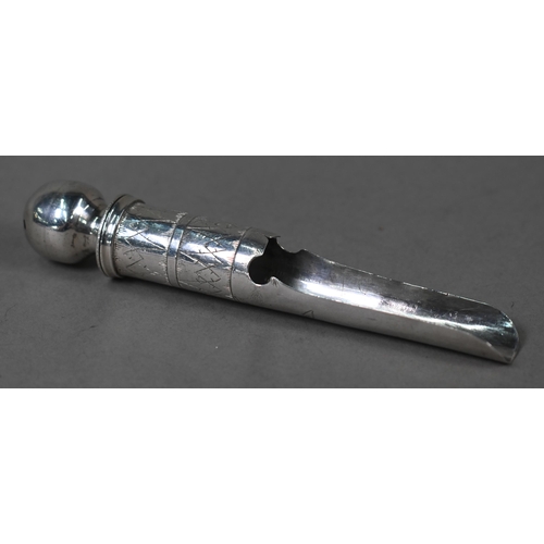 53 - An early 18th Century unmarked silver apple-corer with threaded and pierced spice-caster finial, lin... 