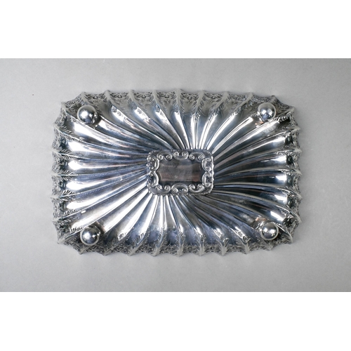 71 - A Victorian rectangular silver dish with reeded and engraved decoration, on ball feet, Fenton Brothe... 