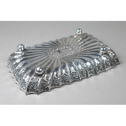 71 - A Victorian rectangular silver dish with reeded and engraved decoration, on ball feet, Fenton Brothe... 