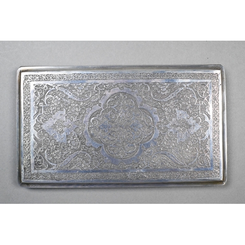 72 - A Persian 84 zol. cigarette case, the covers richly engraved with carpet pattern decoration, 6.7oz, ... 