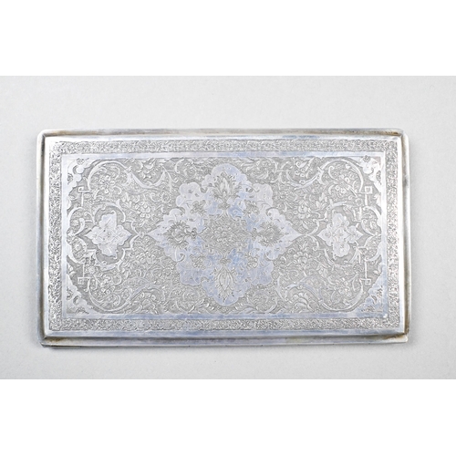 72 - A Persian 84 zol. cigarette case, the covers richly engraved with carpet pattern decoration, 6.7oz, ... 