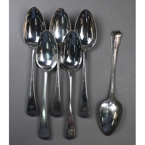 74 - A part set of George III Old English pattern flatware, comprising six tablespoons, nine dessert spoo... 