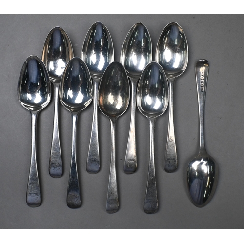 74 - A part set of George III Old English pattern flatware, comprising six tablespoons, nine dessert spoo... 