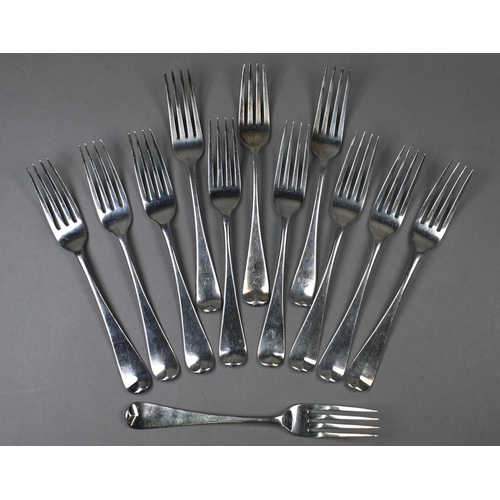 75 - A set of nine George III Old English pattern silver table forks, Eley, Fearn & Chawner, London 1... 