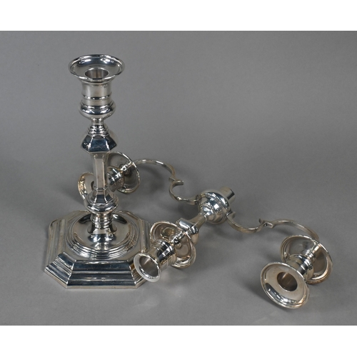 78 - A pair of loaded silver twin-branch candelabra with three sconces and detachable tops, on octagonal ... 