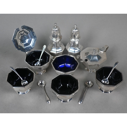 89 - A heavy quality silver condiment set of octagonal form, with six associated silver spoons, Garrard &... 