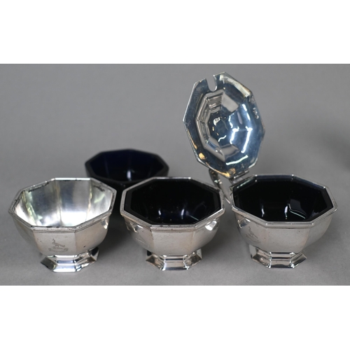 89 - A heavy quality silver condiment set of octagonal form, with six associated silver spoons, Garrard &... 