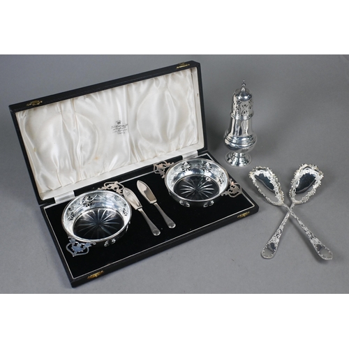 91 - A pair of Victorian silver serving spoons with engraved decoration and crenellated rims, Atkin Broth... 