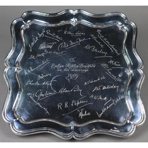 92 - Cricketing interest: an Edwardian silver square salver, engraved with 1909 presentation inscription ... 