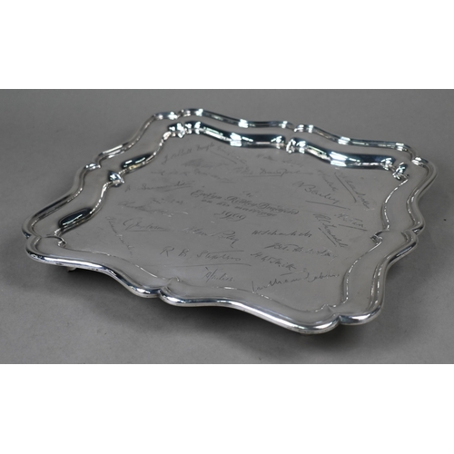 92 - Cricketing interest: an Edwardian silver square salver, engraved with 1909 presentation inscription ... 