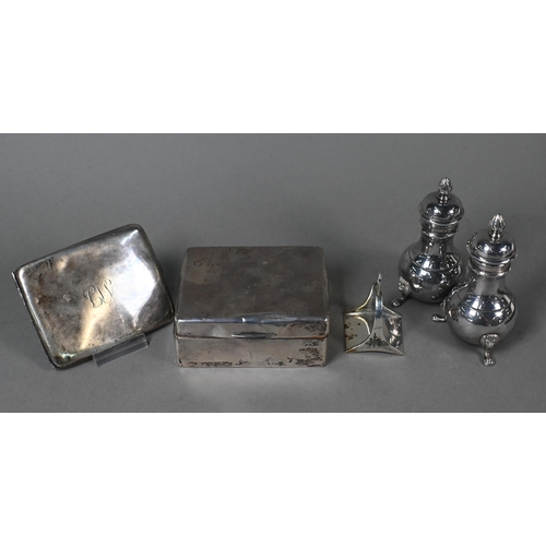 96 - Silver oddments including cigarette case, cigarette box, vesta case, engraved penknife, souvenir tea... 