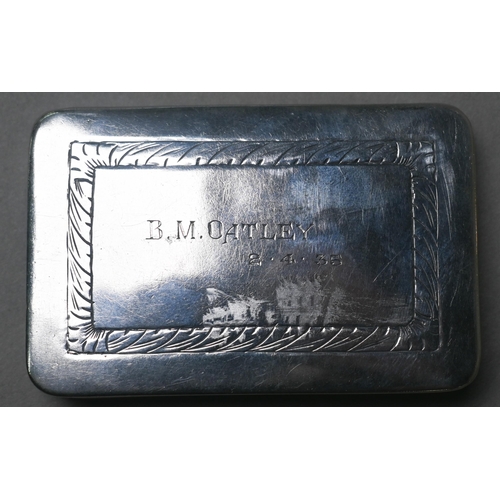 99 - A 19th Century Continental .800 grade snuff box with engraved decoration, to/w two silver-backed han... 