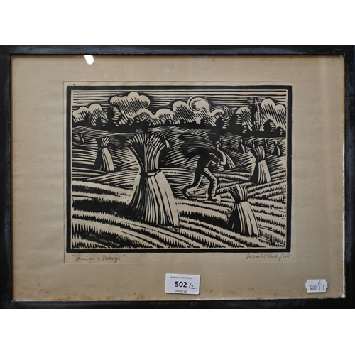 502 - A pair of Polish wood cuts - procession and harvest time, indistinctly signed, Wladyslaw?, 20 x 26 c... 