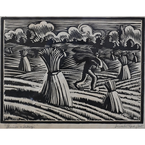 502 - A pair of Polish wood cuts - procession and harvest time, indistinctly signed, Wladyslaw?, 20 x 26 c... 