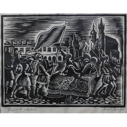 502 - A pair of Polish wood cuts - procession and harvest time, indistinctly signed, Wladyslaw?, 20 x 26 c... 