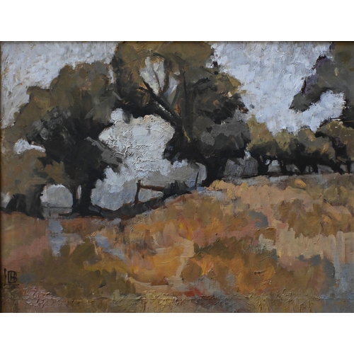 521 - Heather Lewis - New Forest abstract, oil on board, signed with initials lower left, 34 x 44 cm