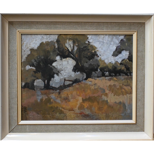 521 - Heather Lewis - New Forest abstract, oil on board, signed with initials lower left, 34 x 44 cm