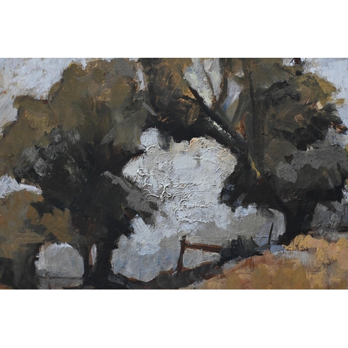 521 - Heather Lewis - New Forest abstract, oil on board, signed with initials lower left, 34 x 44 cm