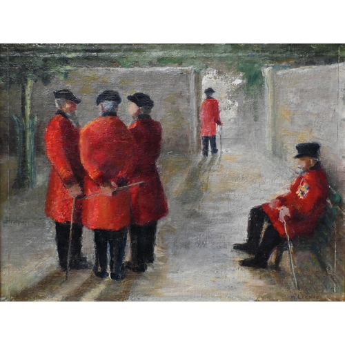 523 - M Leckie - Chelsea Pensioners, oil on board, signed lower right, 37 x 49 cm