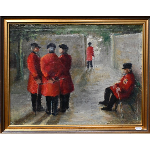 523 - M Leckie - Chelsea Pensioners, oil on board, signed lower right, 37 x 49 cm